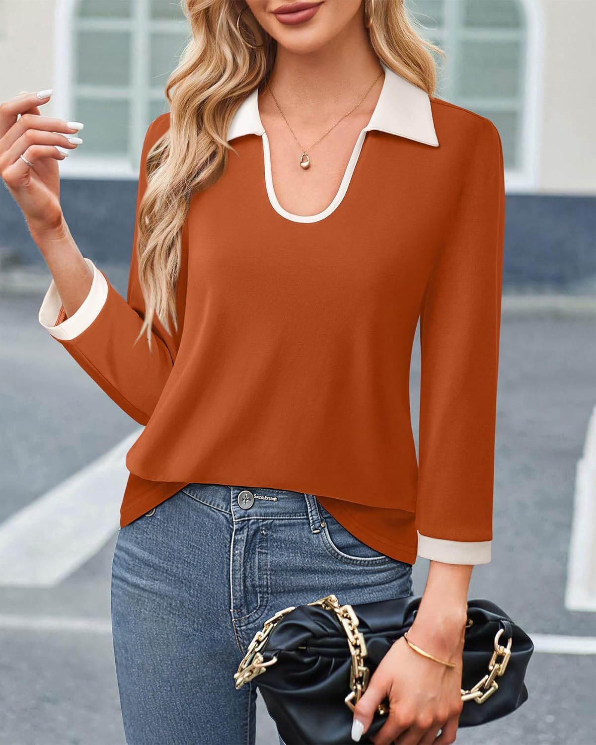 Blouse Fluide à Col Contrasté